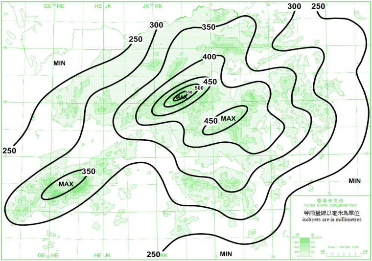 Distribution Map of Mean July Rainfall in Hong Kong (1971-2000)