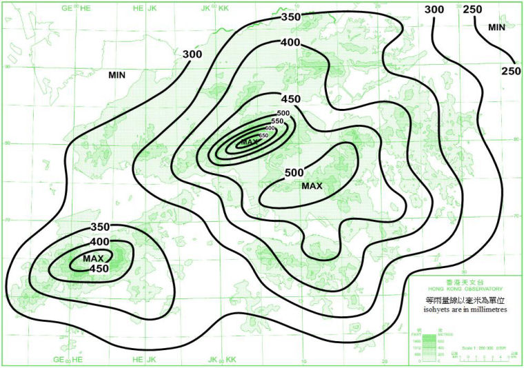 Distribution Map of Mean August Rainfall in Hong Kong (1971-2000)