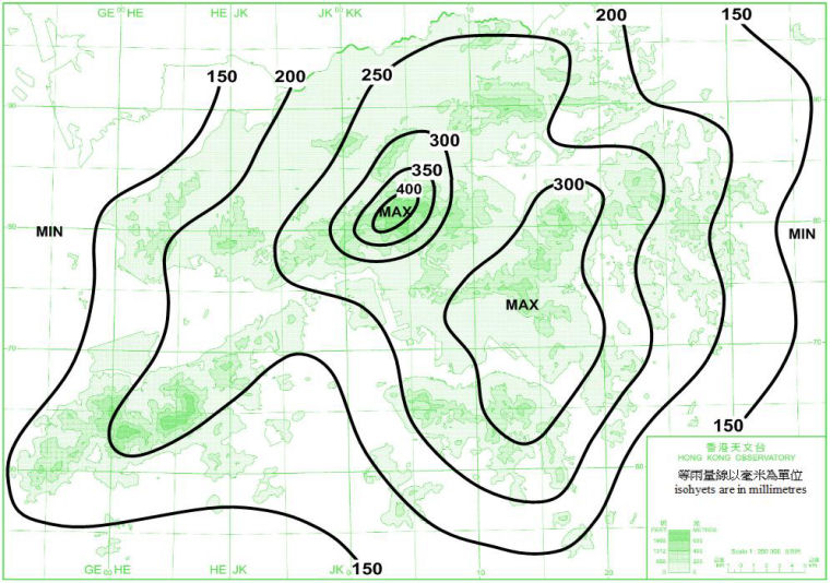 Distribution Map of Mean September Rainfall in Hong Kong (1971-2000)