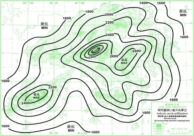 Distribution Map of Mean Annual Rainfall in Hong Kong (1971-2000)