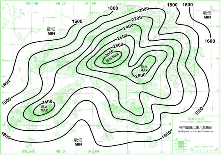 Distribution Map of Mean Annual Rainfall in Hong Kong (1971-2000)