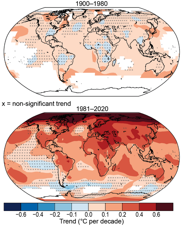 Temperature trend (℃ per decade) over 1900-1980 (upper) and 1981-2020 (lower)