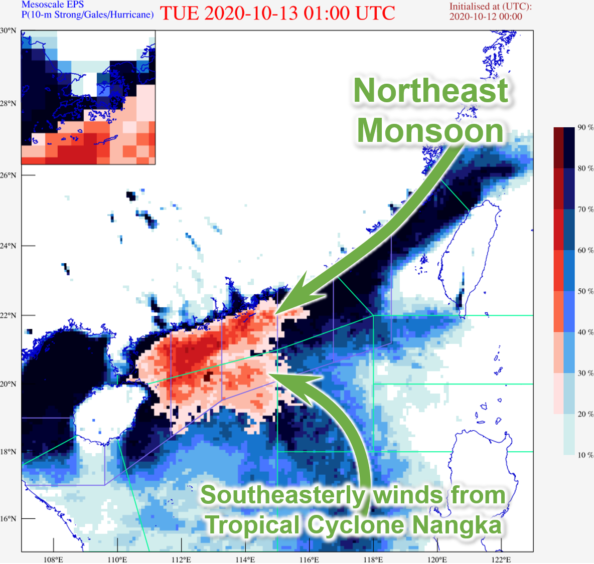 Fig. 2: On 12 October, the computer model predicted that the southern part of Hong Kong could be affected by strong winds on the 13th (orange-red area)