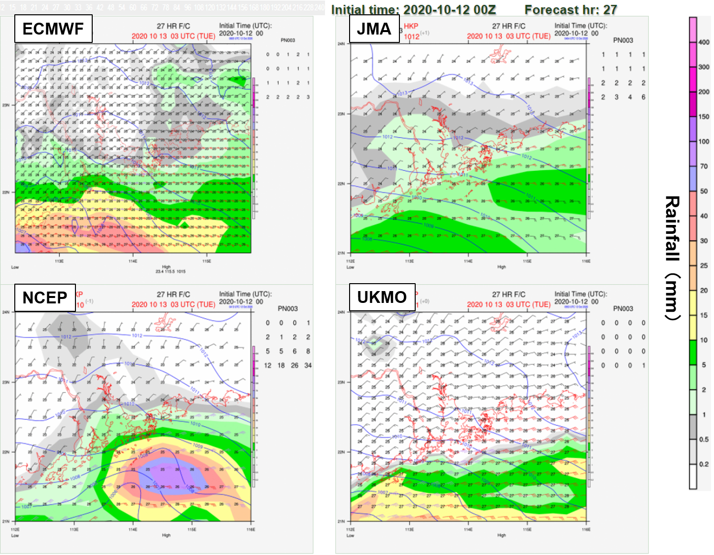 Fig. 3: On 12 October, major computer models predicted there would be strong winds and heavy rain in Hong Kong or nearby coastal areas on the 13th