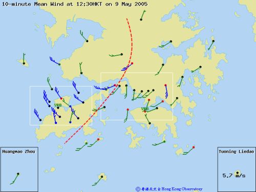 Wind distribution map of Hong Kong on 9 May 2005