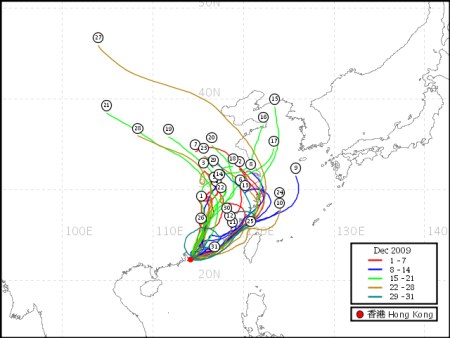 Figure 5     December 2009 - tracks of air reaching Hong Kong, over a 3-day period