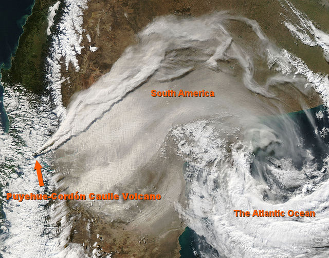 Figure 1     The MODIS instrument on NASA's Aqua satellite captured this visible image of the ash plume from the eruption of Chile's Puyehue-Cordón Caulle volcano on June 12, 2011 at 18:05 UTC. The ash plume was blowing to the northeast and getting drawn into a low pressure area over the Atlantic Ocean.