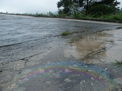 a wet road with an oil film