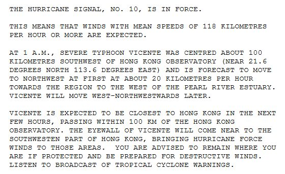 Extract of a Tropical Cyclone Warning bulletin