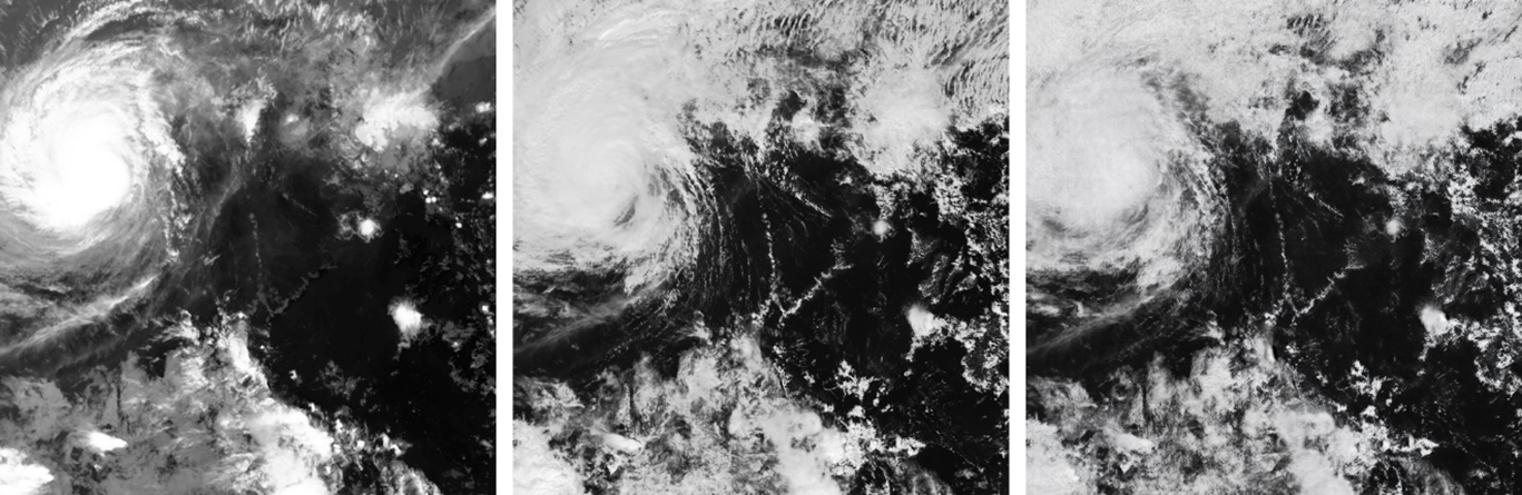 Figure 2  Satellite images captured by the Japan Meteorological Agency’s Himawari-8 satellite at 12:30 pm on 19 December 2021.  From left to right are infrared, real visible and virtual visible images.  Compared with the infrared image, the virtual visible image showed better banding features of clouds associated with tropical cyclone Rai when it was over the central part of the South China Sea which helped to locate the centre of Rai.