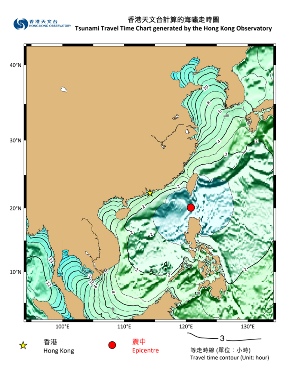 Figure 3. Tsunami travel time (TTT) based on the calculations by the Hong Kong Observatory for tsunami waves to reach near shore in case when an earthquake occurs in the northern end of the Manila Trench.
