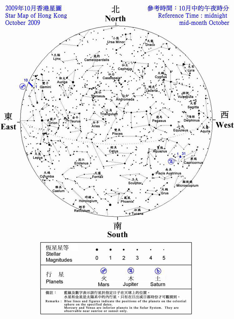 The star map shows the positions of the stars and planets seen in Hong Kong during October 2009