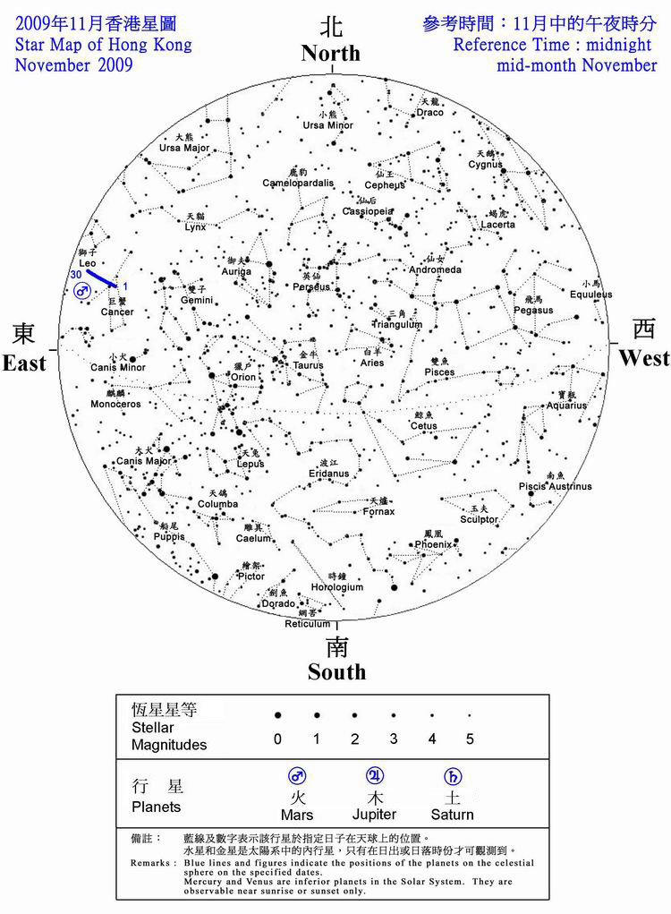 The star map shows the positions of the stars and planets seen in Hong Kong during November 2009