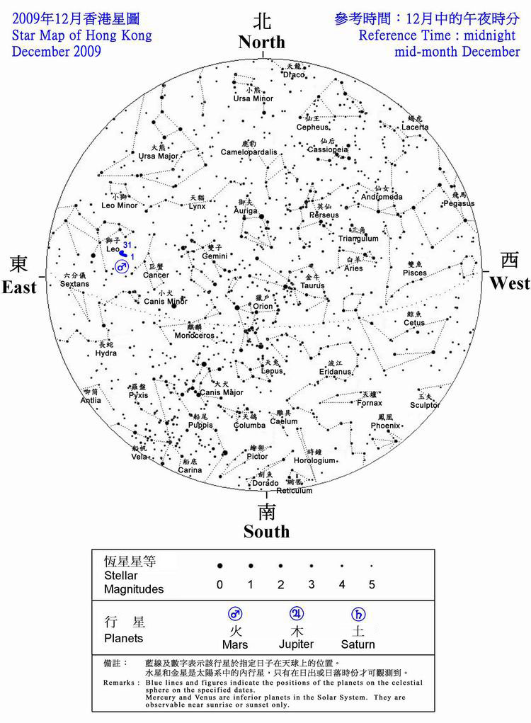 The star map shows the positions of the stars and planets seen in Hong Kong during December 2009