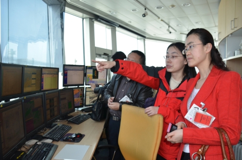 Ms. S.M. TSE, Scientific Officer of the Observatory (middle), introduced services of the Airport Meteorological Office to Ms. WU Juan (right).
