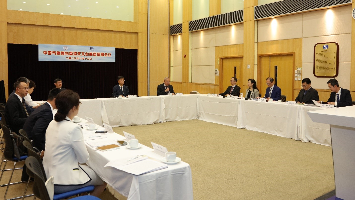 Dr Chan Pak-wai, Director of the HKO (sixth from the right), chaired the high-level management meeting with CMA on 13 September 2023.