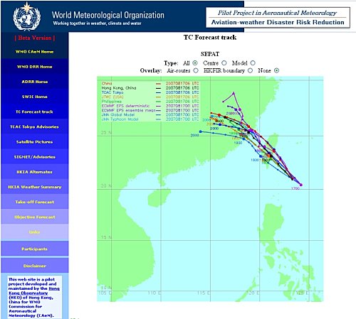 Forecast tracks for Typhoon Sepat provided by the pilot project website