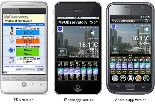 Figure 2.  'MyObservatory' PDA, iPhone app and Android app versions