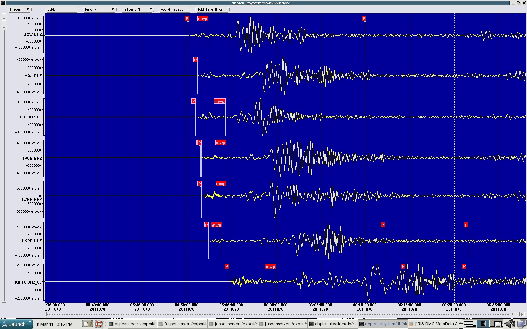 Figure 4: Seismograms recorded by the Observatory's seismic data processing system during the magnitude 9 earthquake near Japan on 11 March 2011.  The second trace from bottom was recorded by the Hong Kong Po Shan Seismograph Station.  Other traces were recorded by overseas seismographs.