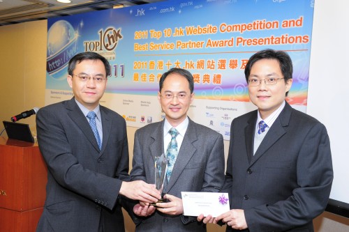 Dr. Billy Mak (left), Associate Professor of the Department of Finance & Decision Sciences of the Hong Kong Baptist University, presented the gold prize for corporate group to the Observatory's Assistant Director, Dr. Cheng Cho-ming (middle), and Acting Senior Scientific Officer, Mr. Cheng Yuen-chung (right)