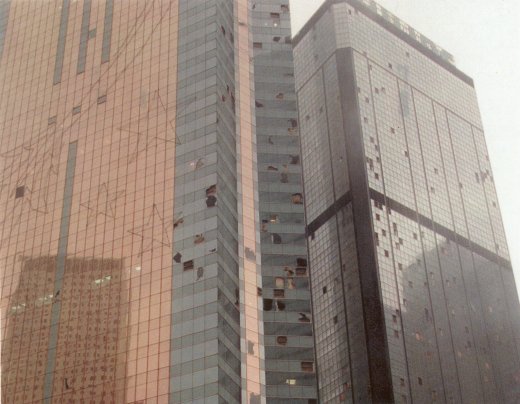 Hurricane winds shattered the curtain walls of several buildings in Wan Chai 