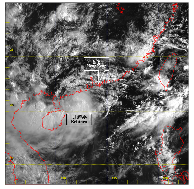 Visible satellite imagery around 8 a.m. on 15 August 2018, when Bebinca was at peak intensity with an estimated maximum sustained winds of 90 km/h near its centre.