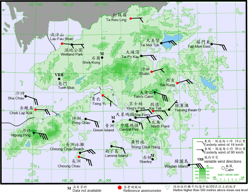 二零二一年七月十九日下午6時正香港各站錄得的十分鐘平均風向和風速。