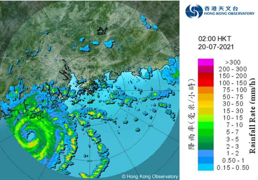 		Image of radar echoes at 2:00 a.m. on 20 July 2021 showing clearly the eye of Cempaka with a diameter of about 25 km.
