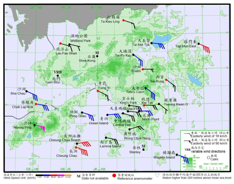 二零二二年七月二日上午7時正香港各站錄得的十分鐘平均風向和風速。