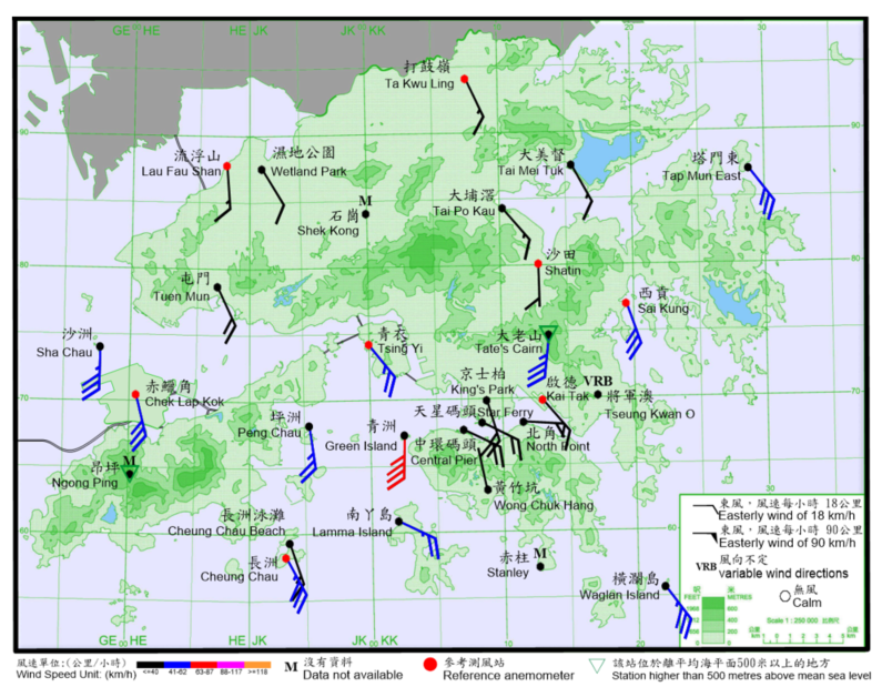 二零二二年七月二日晚上10時正香港各站錄得的十分鐘平均風向和風速。