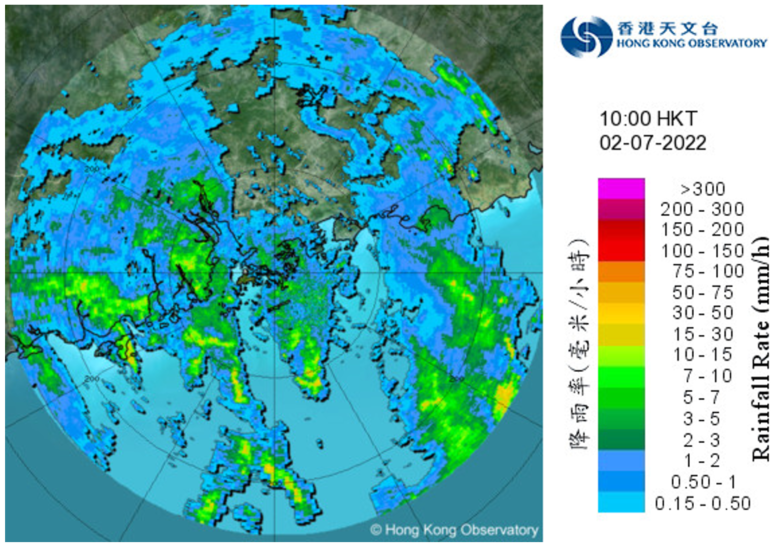 二零二二年七月二日上午10時的雷達回波圖像，當時暹芭最接近香港，在本港之西南偏西約310公里掠過。與暹芭相關的雨帶正影響廣東沿岸及南海北部。