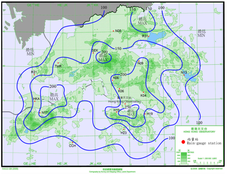 二零二二年六月二十九日至七月三日的雨量分佈(等雨量線單位為毫米)。