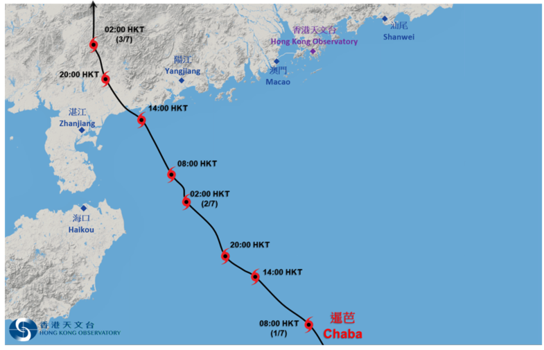 颱風暹芭的暫定路徑圖