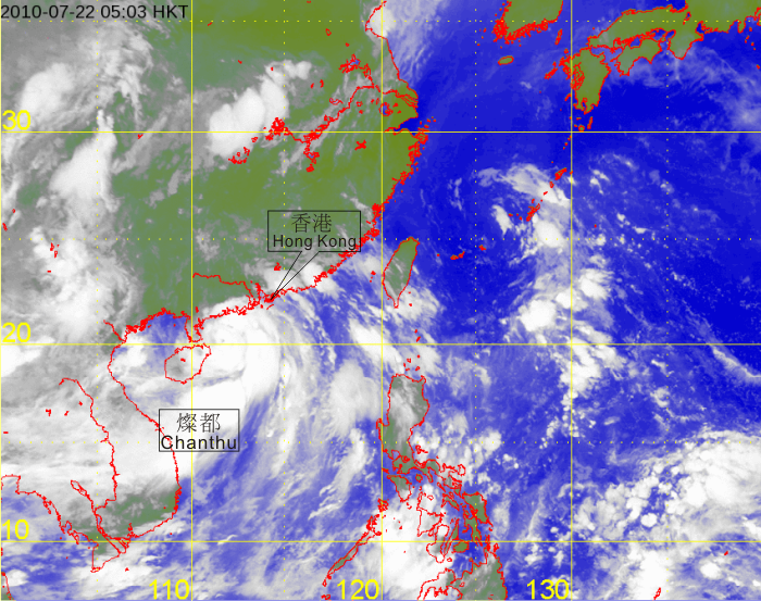 Infra-red satellite imagery at 5 a.m. on 22 July 2010 of Typhoon Chanthu