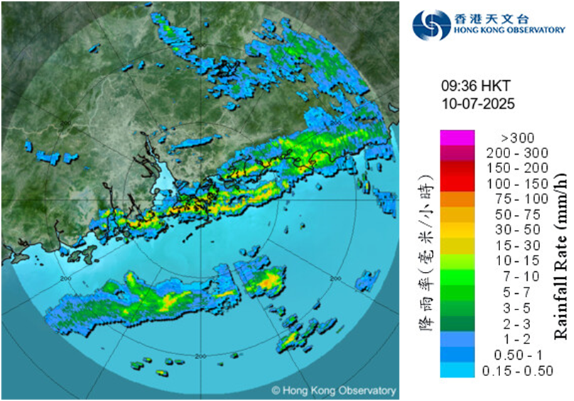 Radar echoes captured at 9:36 a.m. on 10 July 2025.  The intense rainbands associated with the remnant of Danas and the active southwest monsoon were affecting the coast of Guangdong at that time and Red Rainstorm Warning was in force.
