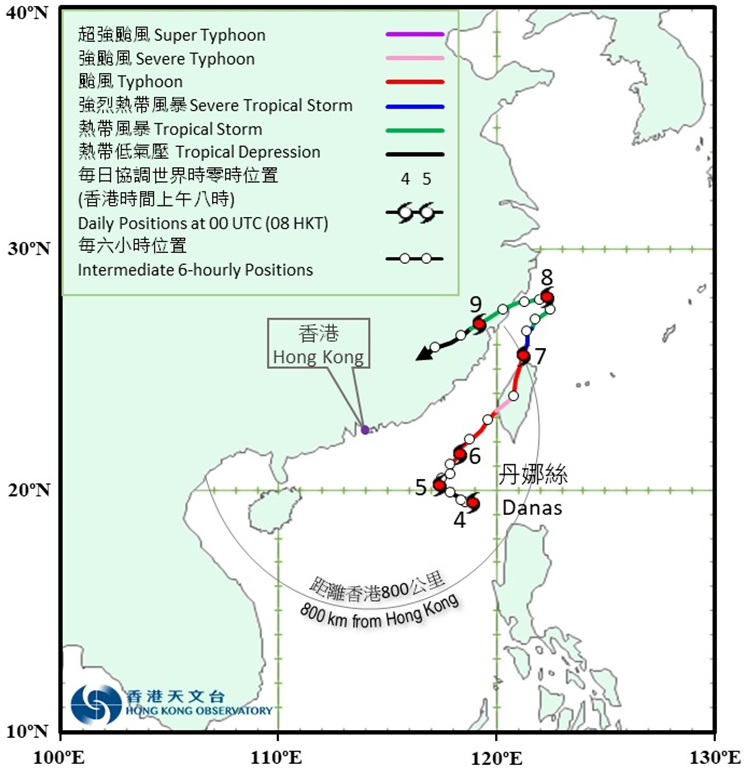 強颱風丹娜絲(2504)的暫定路徑圖