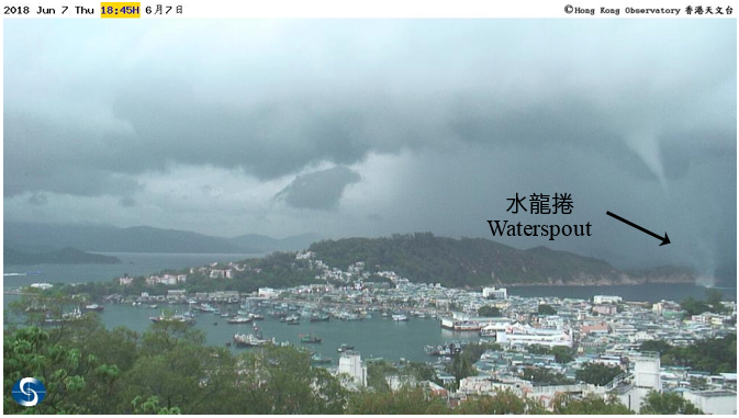 Waterspout was reported around 6:45 p.m. on 7 June 2018 at Cheung Chau and captured by the Observatory webcam at Cheung Chau automatic weather station.