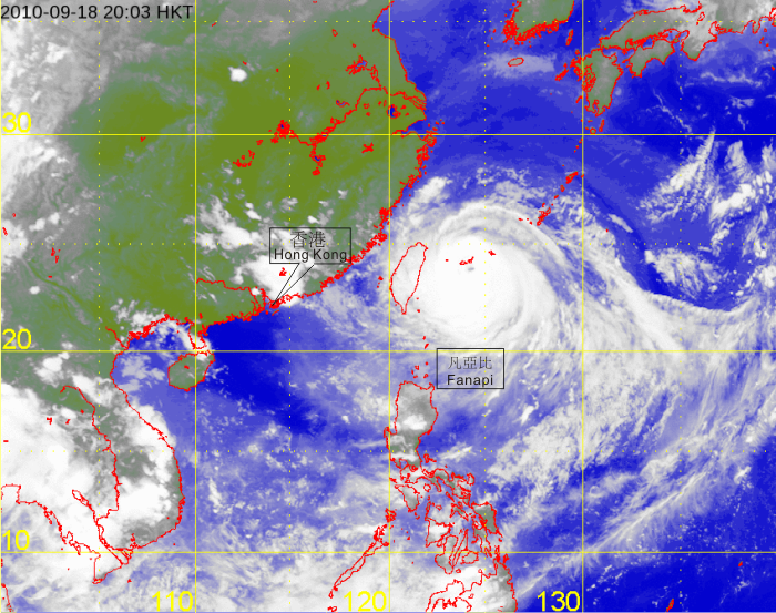 Infra-red satellite imagery at 8 p.m. on 18 September 2010 of Severe Typhoon Fanapi 