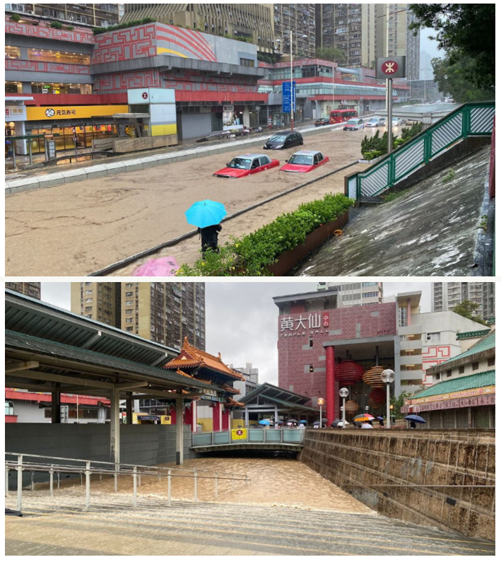 Serious flooding in Wong Tai Sin during the rainstorm on 7 – 8 September 2023 (Courtesy of CRHK News).