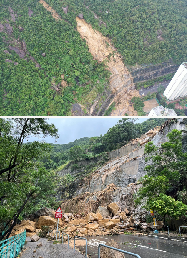 Landslide in Shau Kei Wan during the rainstorm on 7 – 8 September 2023 (Courtesy of Geotechnical Engineering Office).