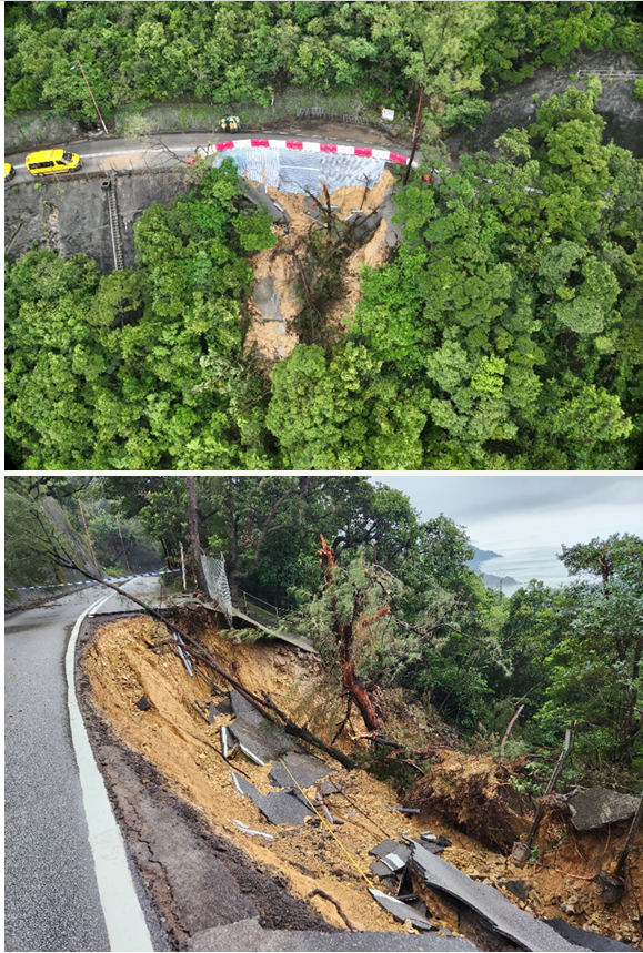 Road subsidence in Shek O Road during the rainstorm on 7 – 8 September 2023 <br> (Courtesy of Geotechnical Engineering Office).