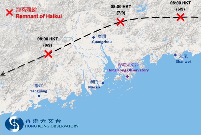 Approximate location of the centre of the remnant of Haikui on 6 - 8 September 2023.