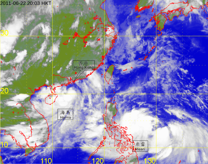 Infra-red satellite imagery at 8 p.m. on 22 June 2011 of Tropical Storm Haima