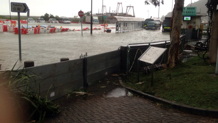 Serious flooding in Tai O with water level reaching the chest high in some places