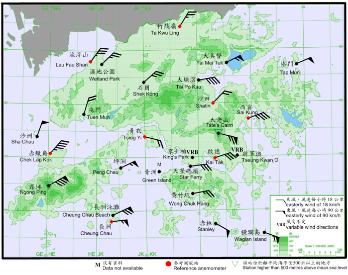 10-minute mean wind direction and speed recorded at various stations in Hong Kong at 10 a.m. on 23 August 2017.