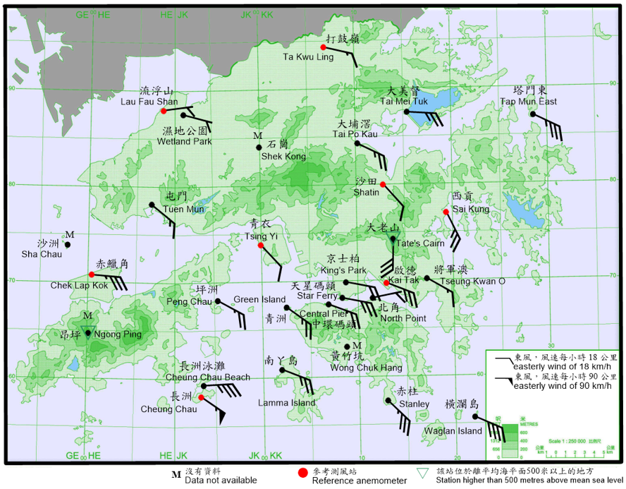 二零二零年八月十九日上午4時正香港各站錄得的十分鐘平均風向和風速。當時長洲的風力達到暴風程度，而橫瀾島及長洲泳灘的風力達到烈風程度。