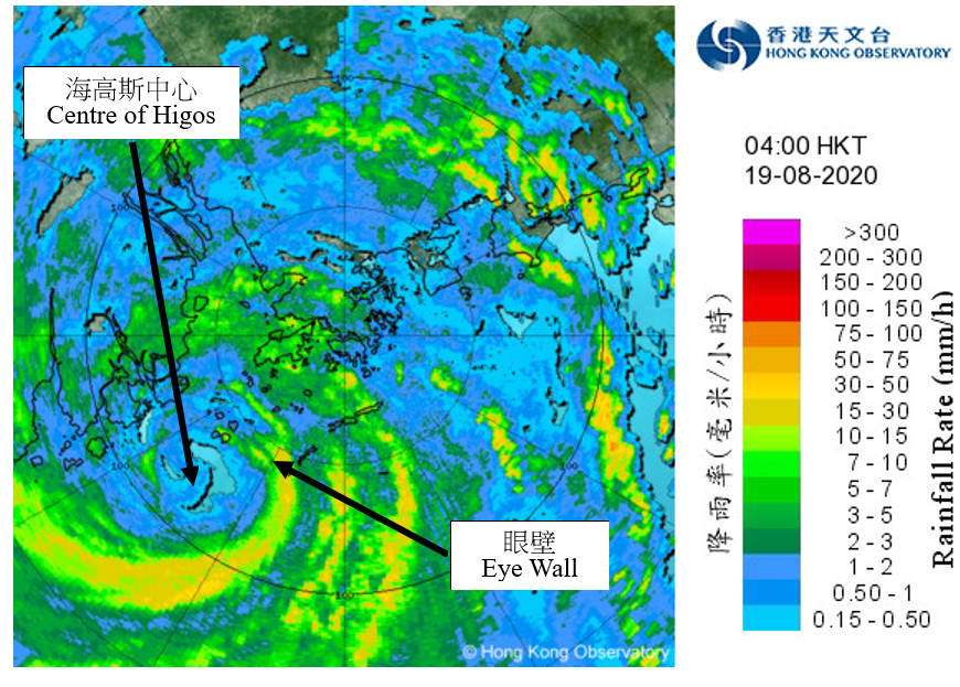 二零二零年八月十九日上午4時正的雷達回波圖像，當時海高斯的眼壁相當接近本港西南部地區。眼壁是最接近颱風中心的環型對流雨帶，該區的風力最強，雨勢最大。當時受眼壁影響的地區錄得持續颶風。