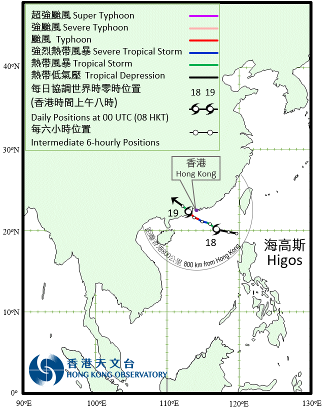 二零二零年八月十七日至十九日海高斯的暫定路徑圖。