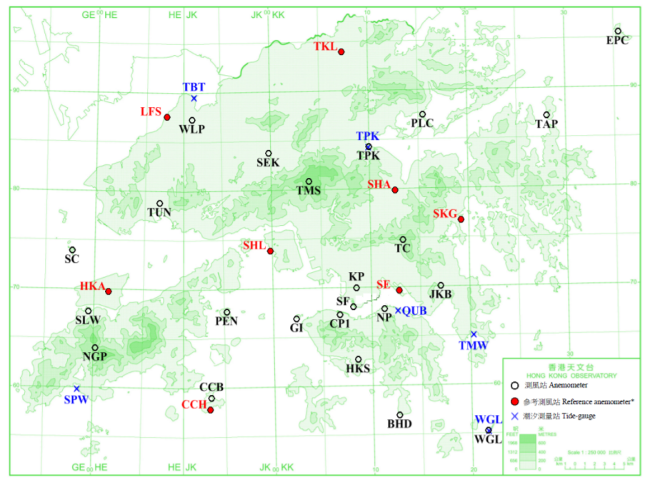 報告內提及的測風站及潮汐測量站之分佈地點