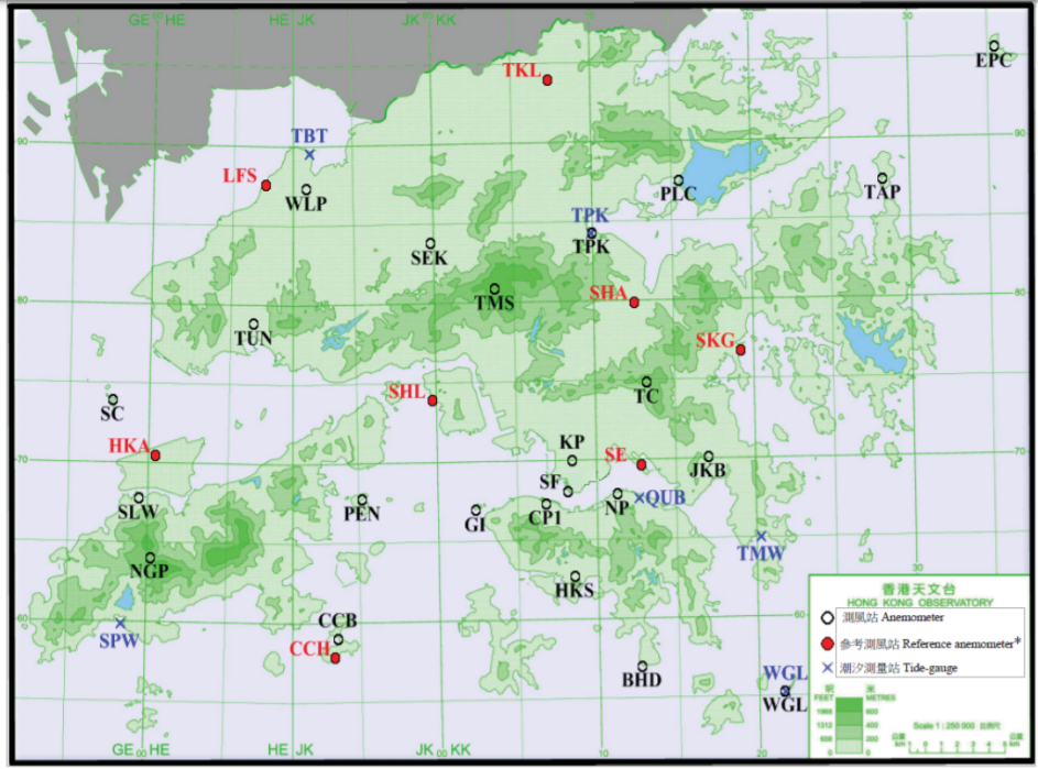 報告內提及的測風站及潮汐測量站之分佈地點